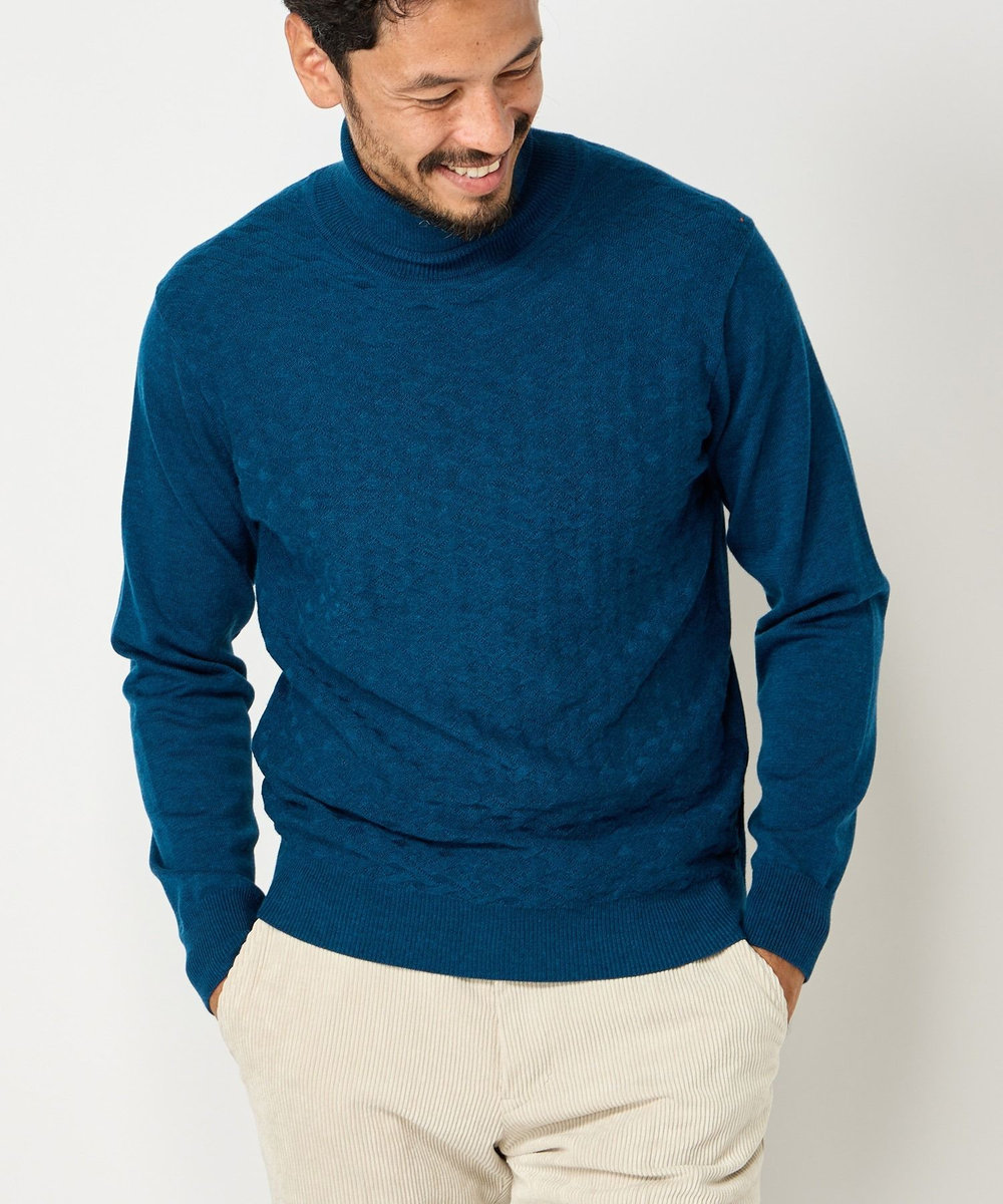 MEN'S BIGI ランダムヘリンボン編み12Gジャカードハイネックニット エメラルド
