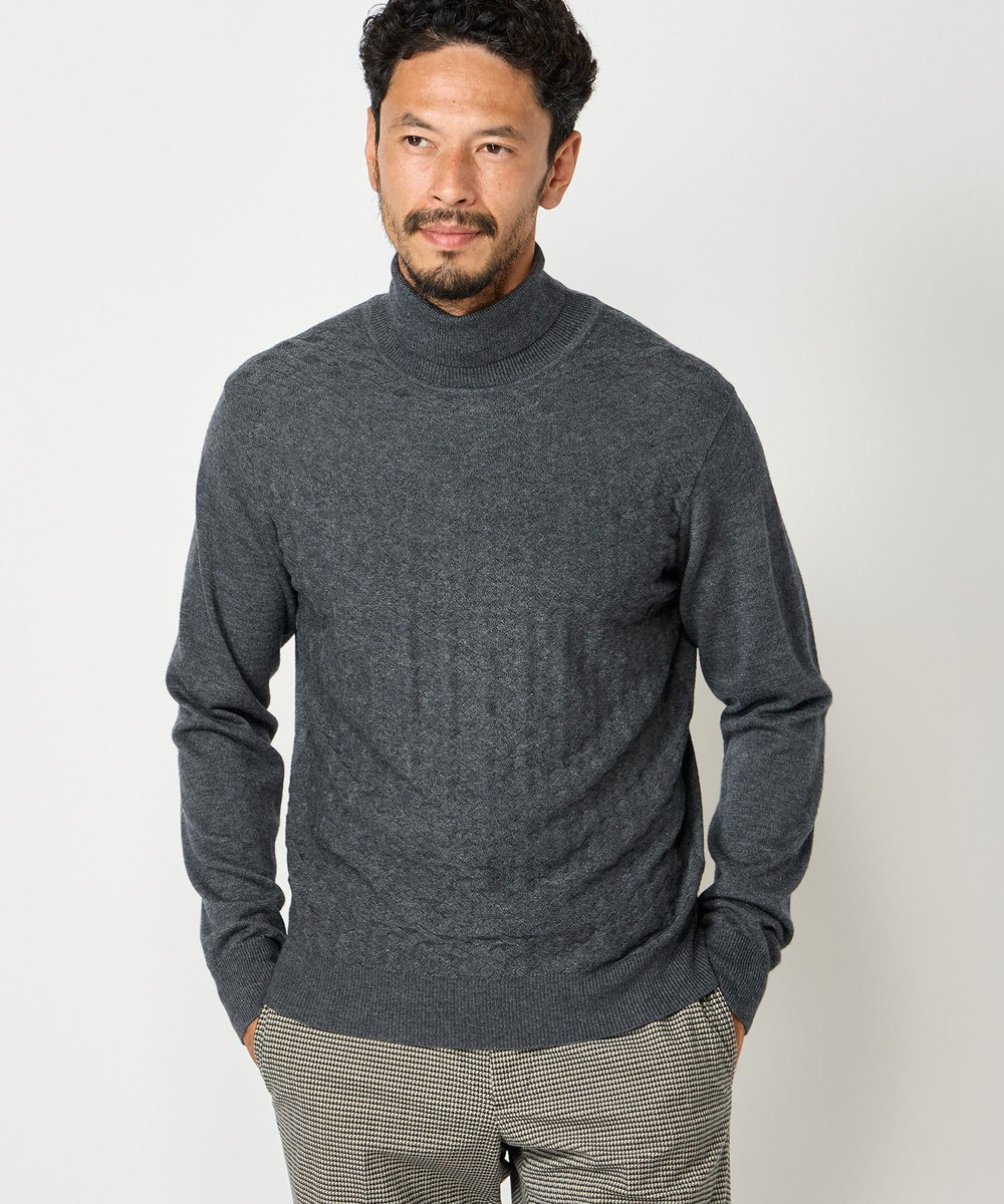 MEN'S BIGI ランダムヘリンボン編み12Gジャカードハイネックニット チャコールグレー