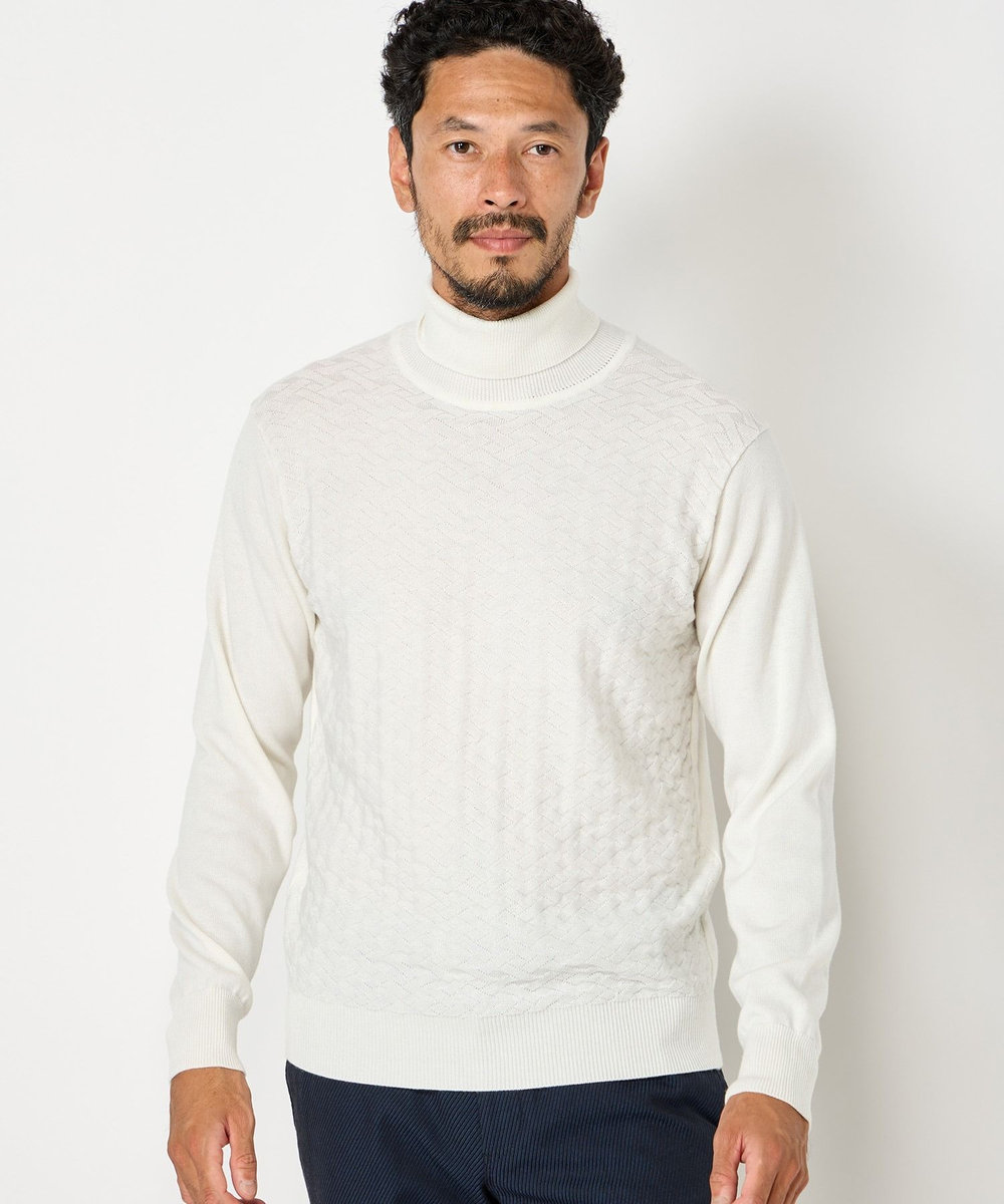 MEN'S BIGI ランダムヘリンボン編み12Gジャカードハイネックニット ホワイト