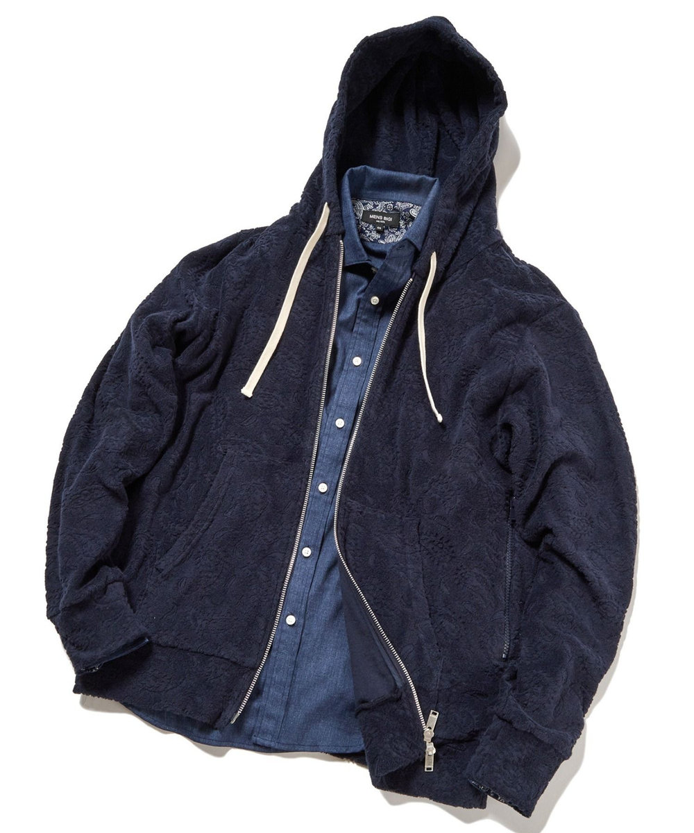 MEN'S BIGI 【Sea Green/シーグリーン】ペイズリー柄パイルジャカードパーカ ネイビー