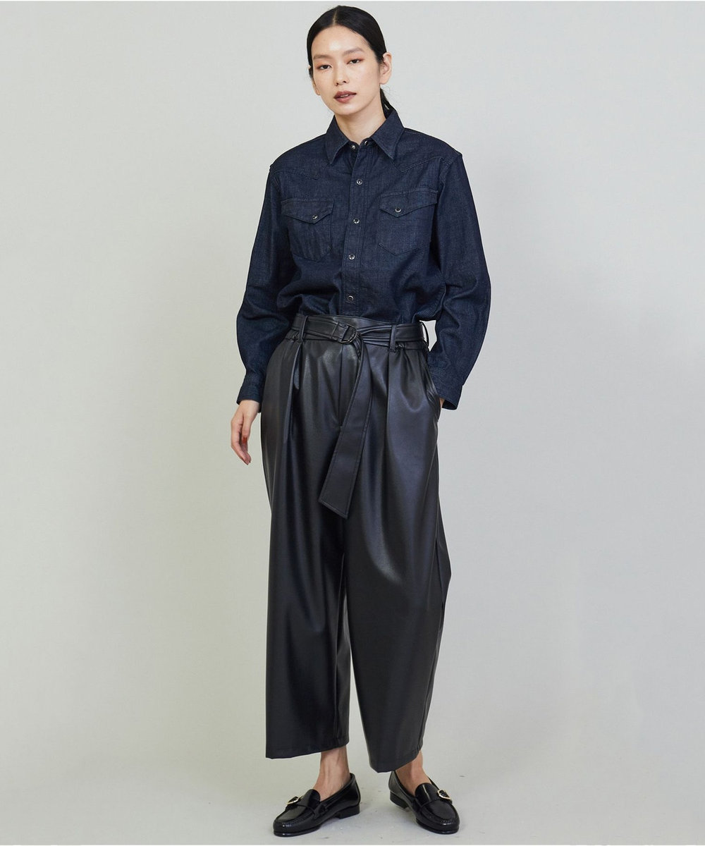 1er Arrondissement フェイクレザーワイドクロップドパンツ ブラック