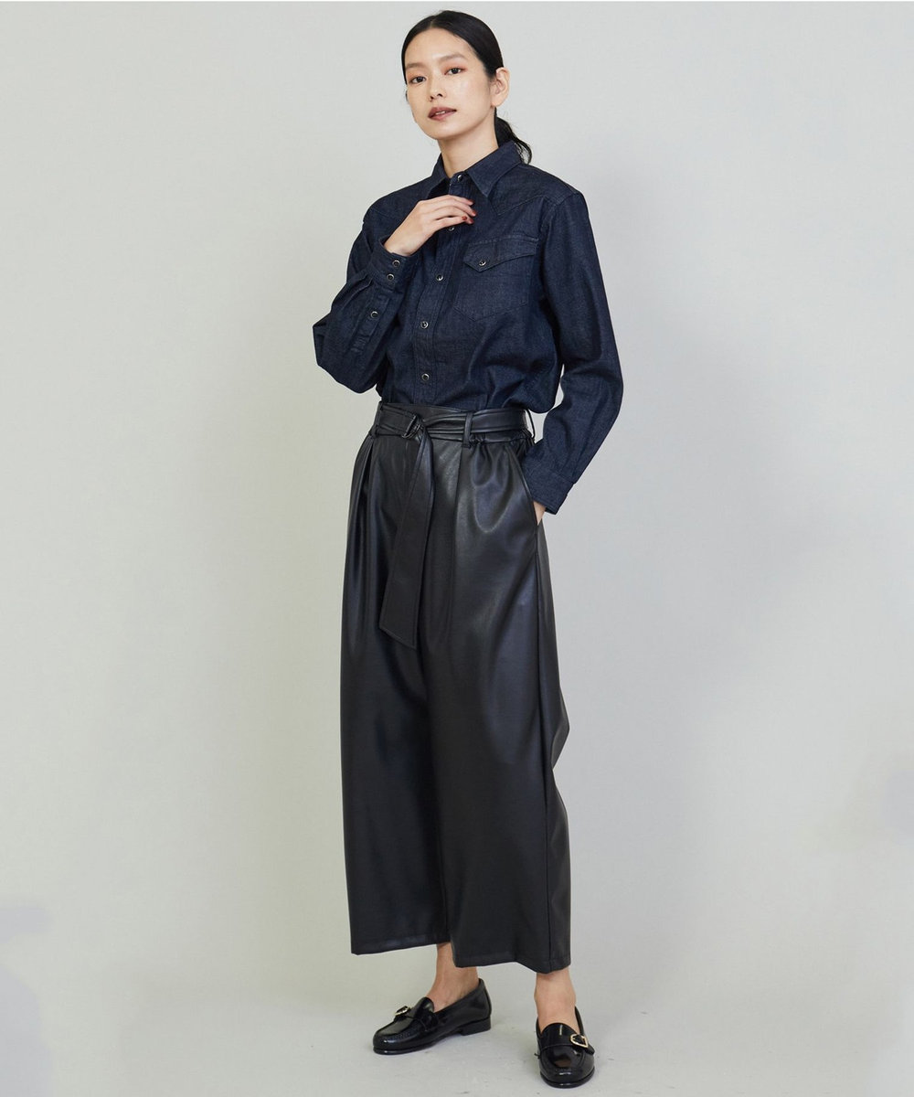 1er Arrondissement フェイクレザーワイドクロップドパンツ ブラック