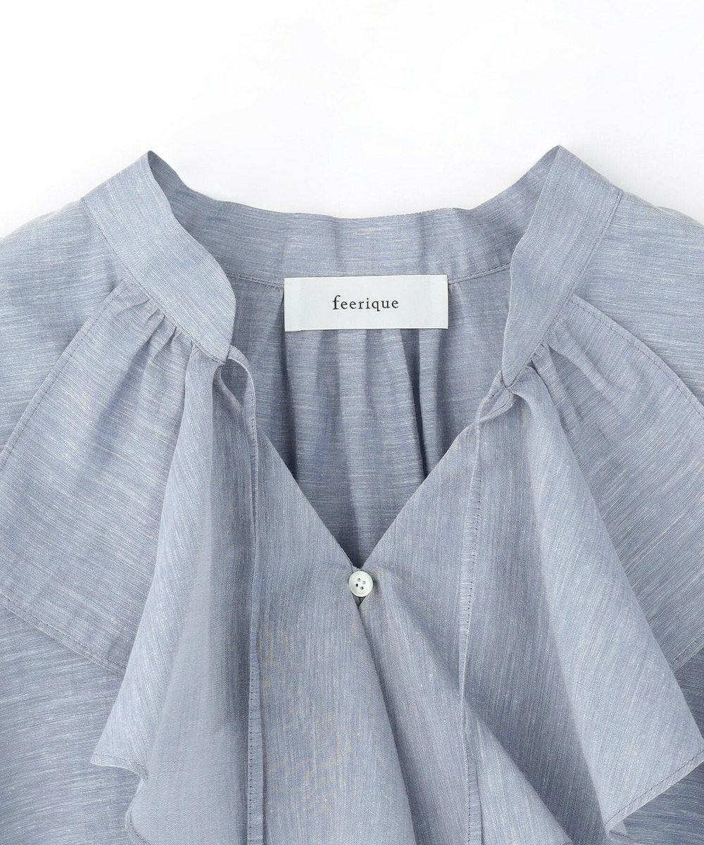 feerique Lサイズ（大きいサイズ） 【大きいサイズ】feerique シルキーローンフリルブラウス ブルー