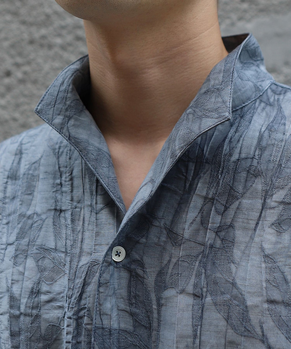 MEN'S BIGI 総柄シアージャカード7分袖オープンカラーシャツ ブルー