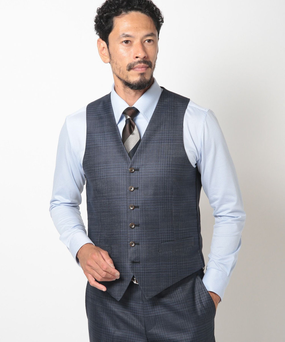 MEN'S BIGI ブライトインディゴ調チェックストレッチベスト＜スリーピース対応＞ ネイビー