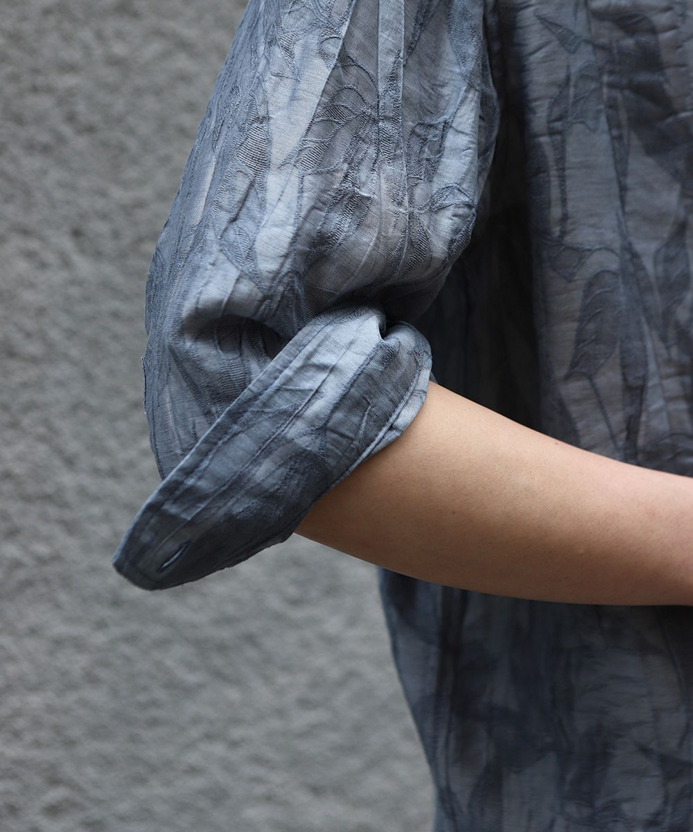 MEN'S BIGI 総柄シアージャカード7分袖オープンカラーシャツ ブルー