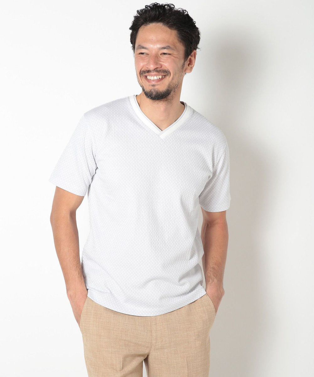 MEN'S BIGI 膨れジャカードVネックTシャツ ホワイト系その他
