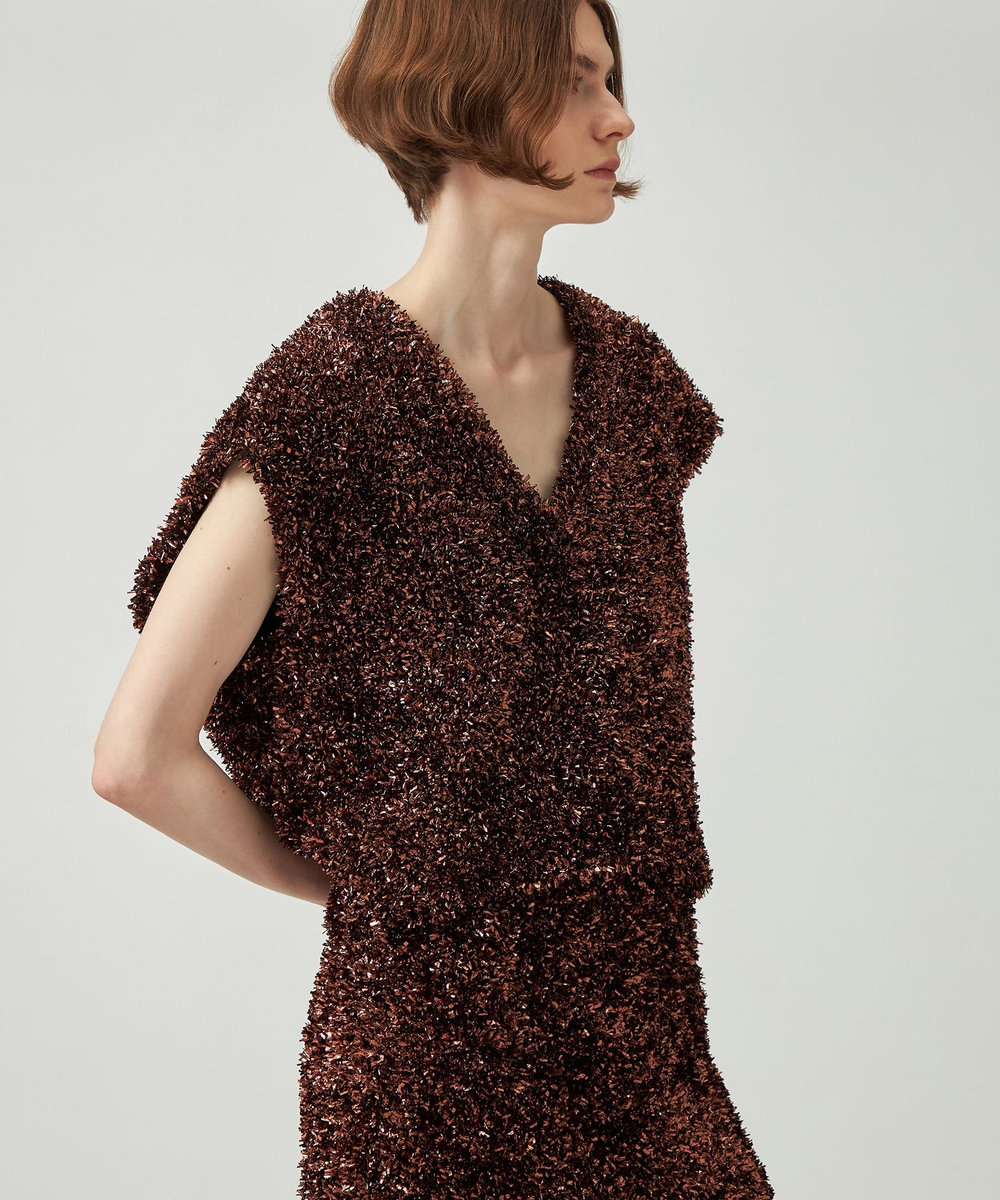 DÉPAREILLÉ METALLIC FILM YARN VEST / メタリックフィルムヤーンベスト ブロンズ