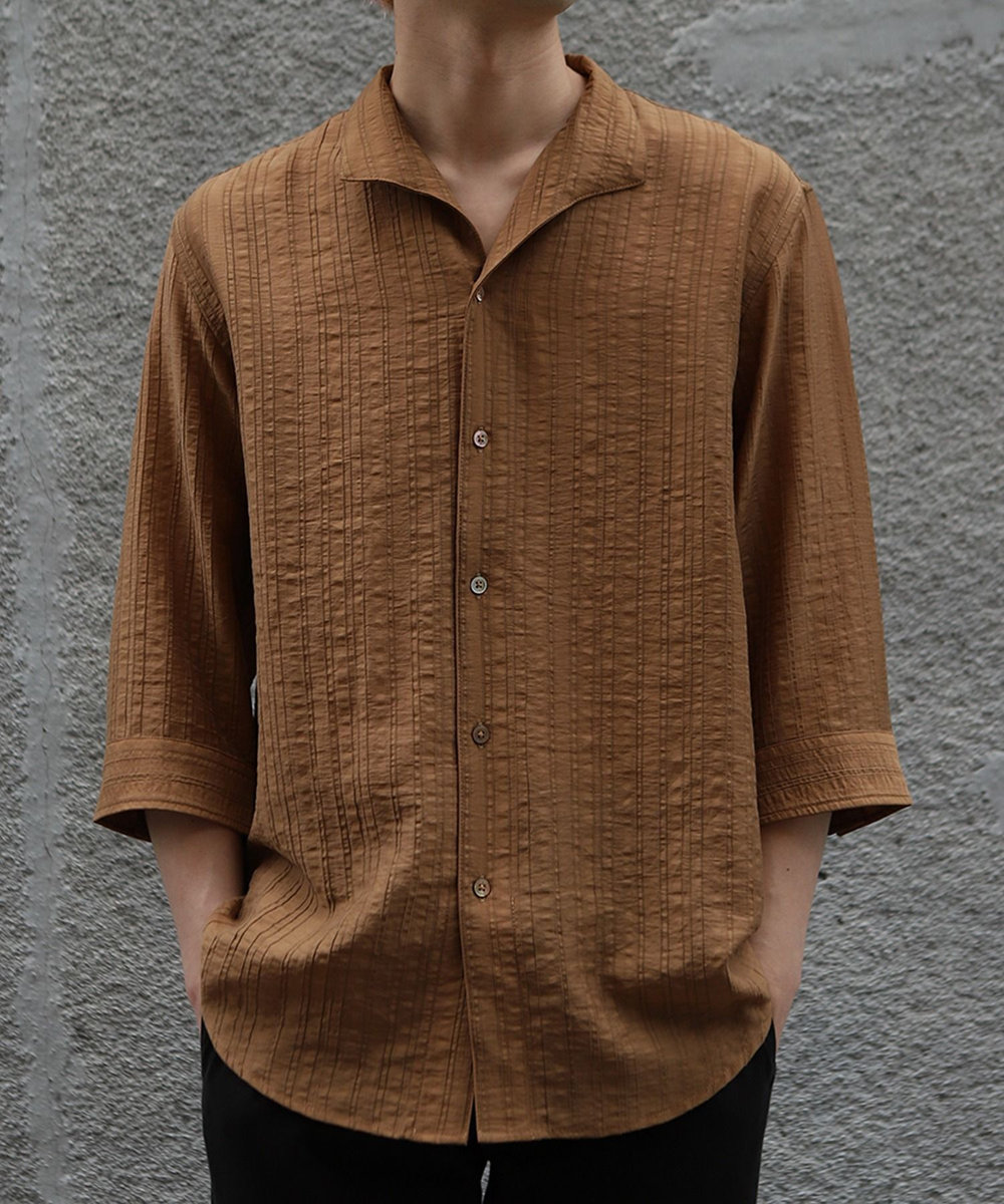 MEN'S BIGI 総柄シアージャカード7分袖オープンカラーシャツ ブラウン