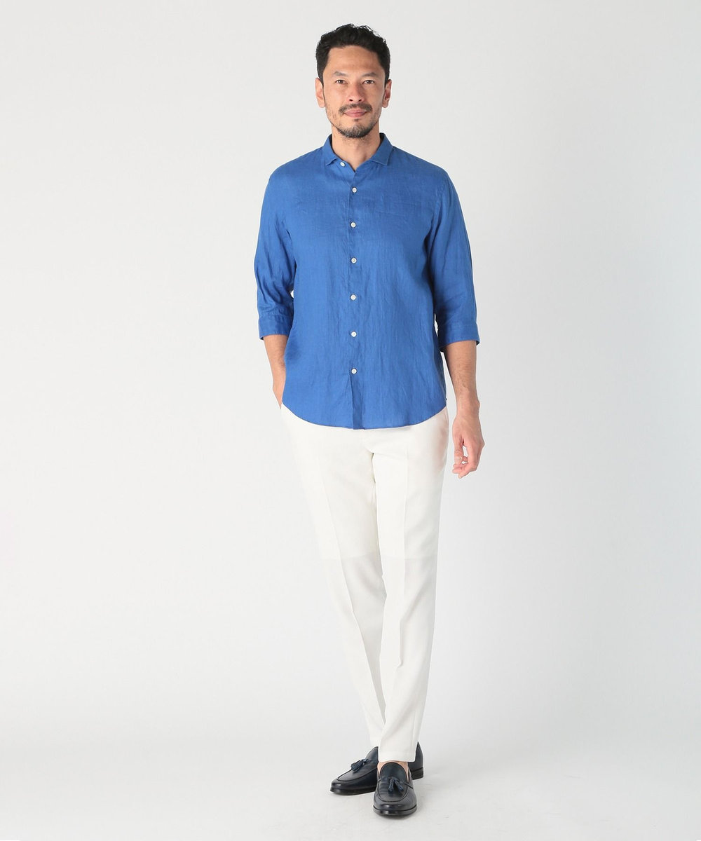 MEN'S BIGI NOVELTEX社リネン素材七分袖シャツ ブルー