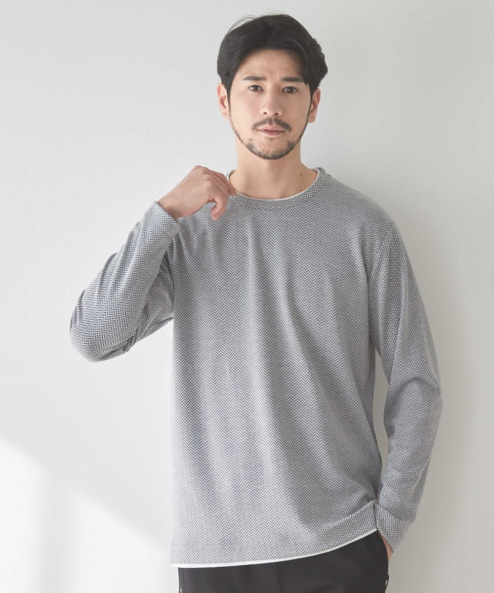 UNION STATION ウェーブジャガード柄フェイクレイヤードクルーTee グレー