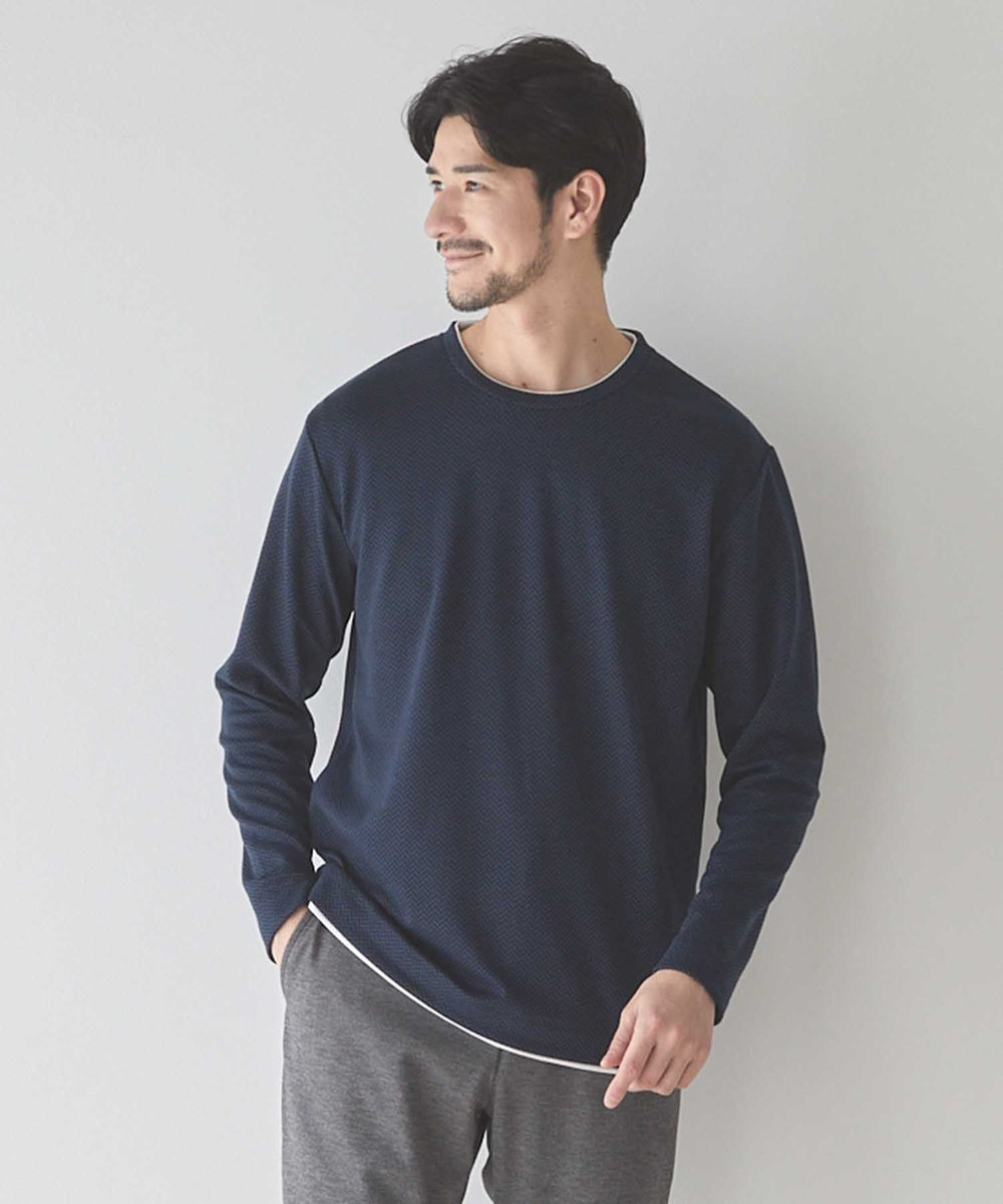 UNION STATION ウェーブジャガード柄フェイクレイヤードクルーTee ネイビー
