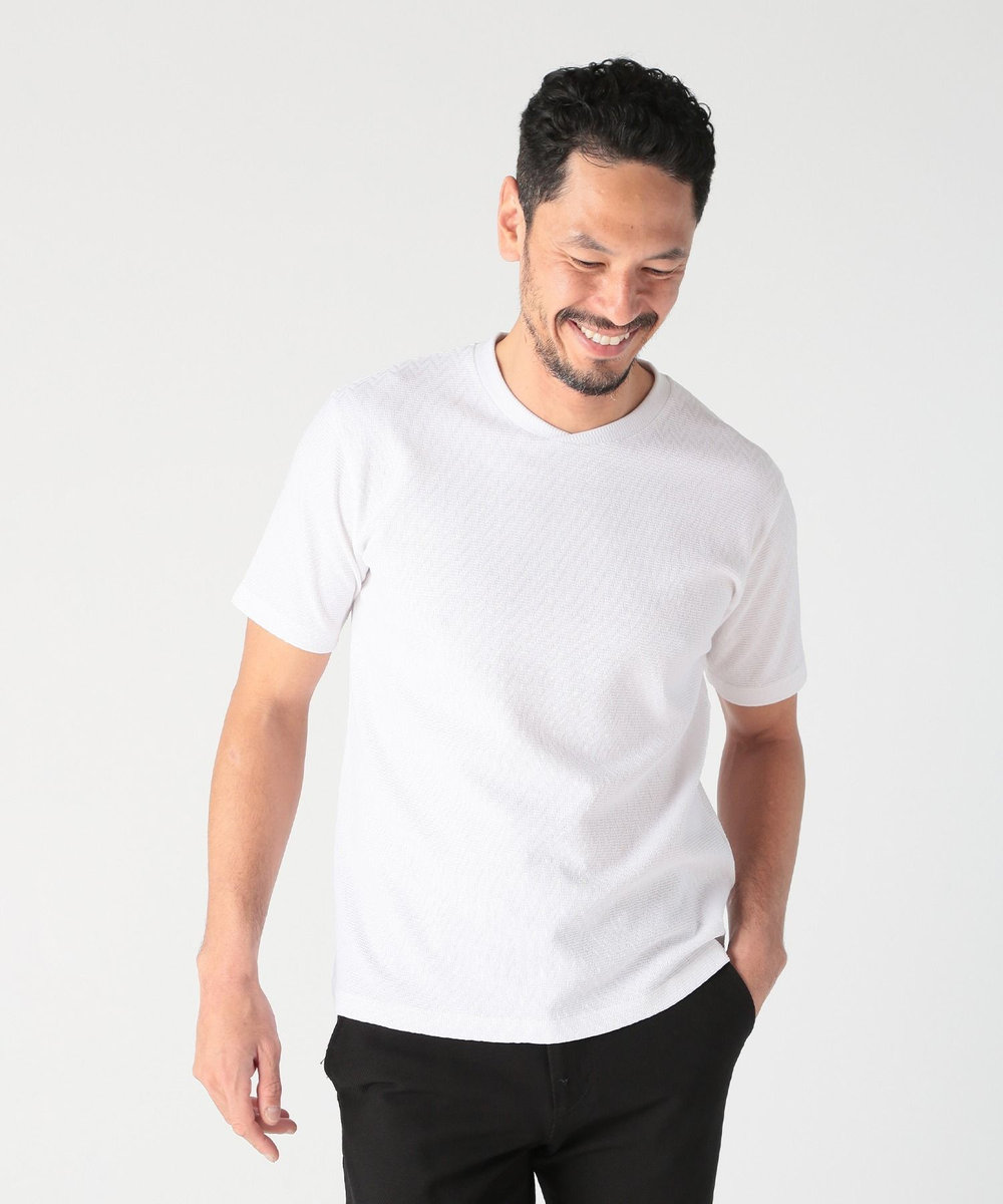 MEN'S BIGI シェブロン柄リンクスジャカードTシャツ<接触冷感><抗菌防臭> ホワイト