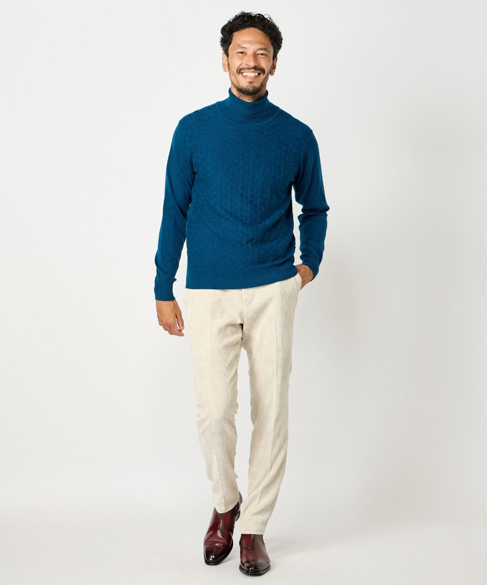 MEN'S BIGI ランダムヘリンボン編み12Gジャカードハイネックニット エメラルド