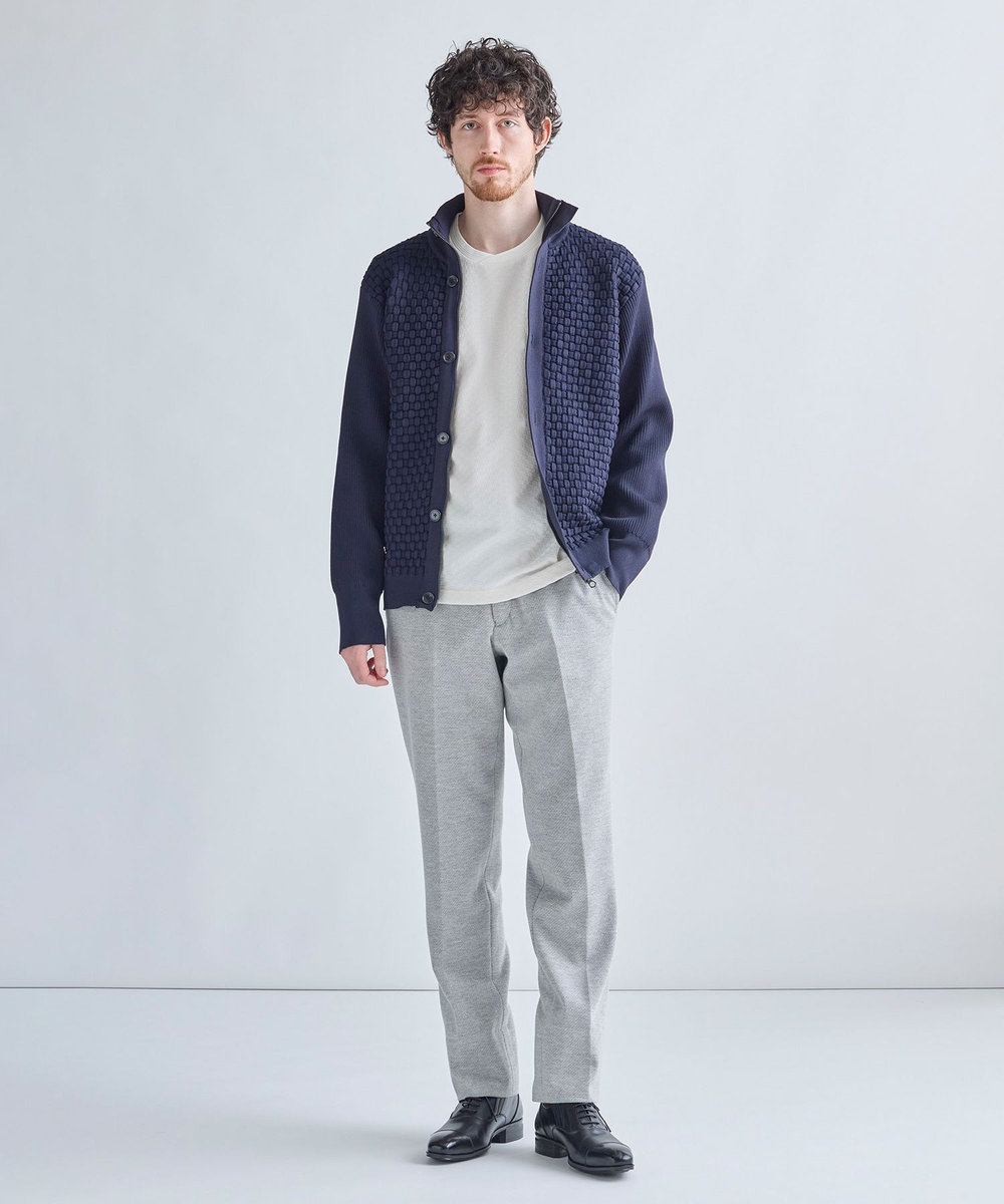 MEN'S BIGI Amossa ブロックチェック フロントジップカーディガン ネイビー
