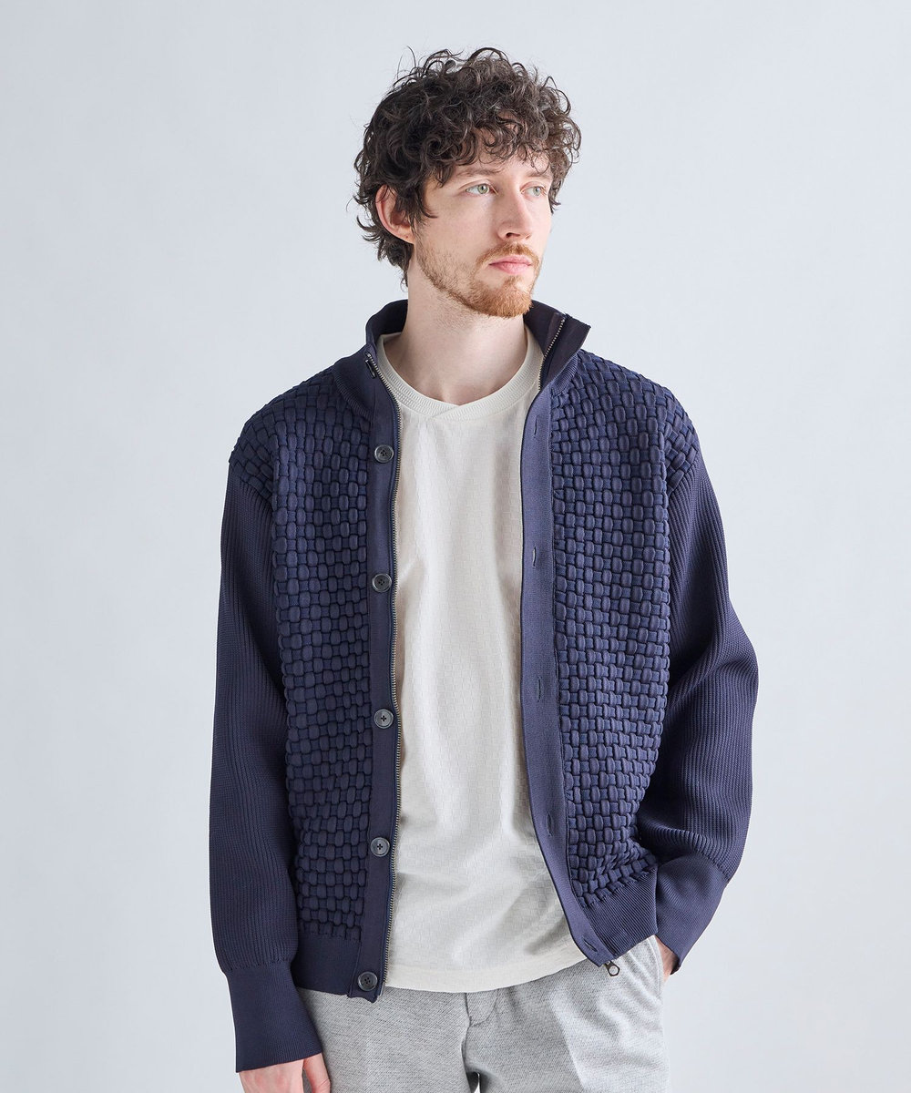 MEN'S BIGI Amossa ブロックチェック フロントジップカーディガン ネイビー