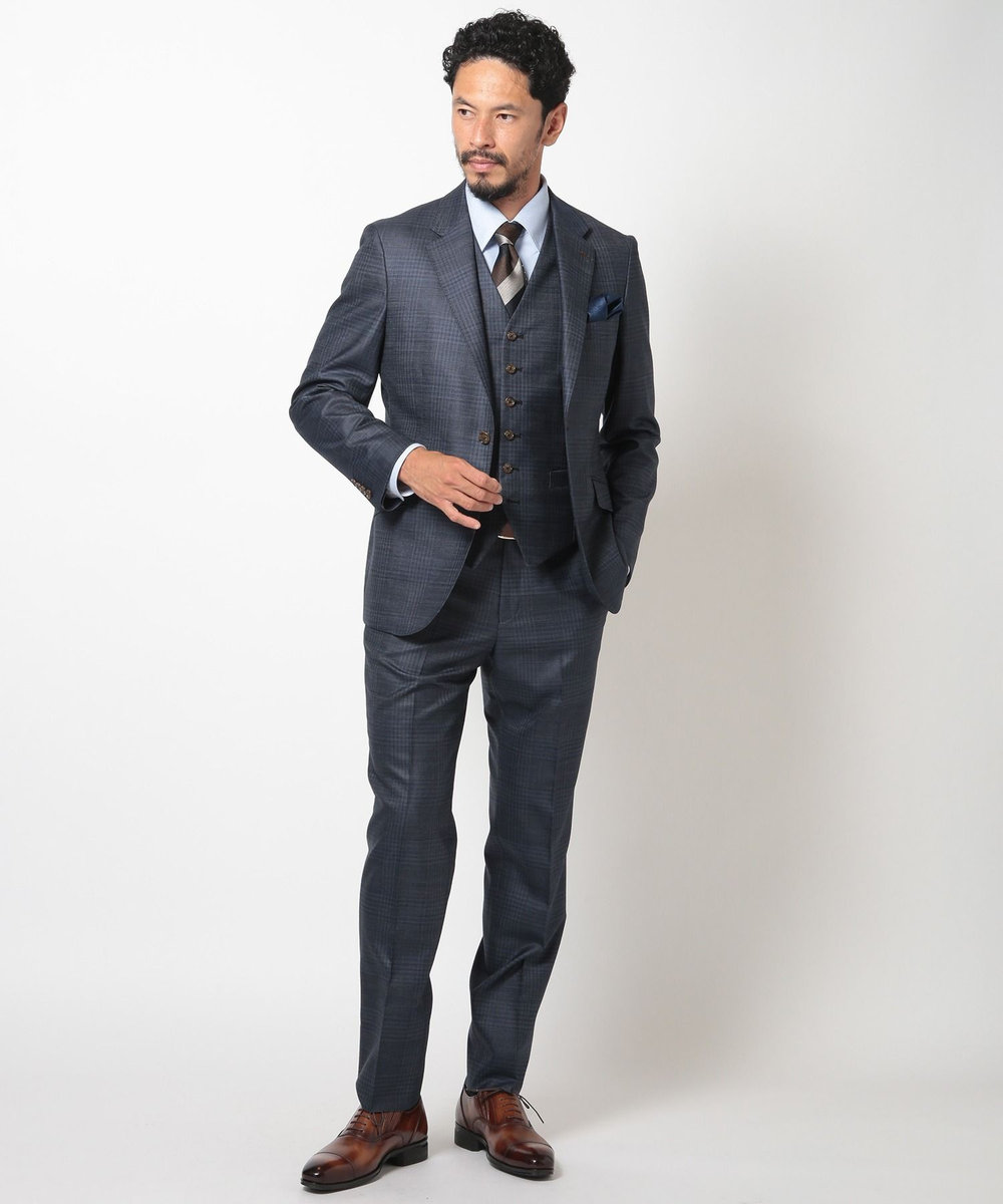 MEN'S BIGI ブライトインディゴ調チェックストレッチベスト＜スリーピース対応＞ ネイビー