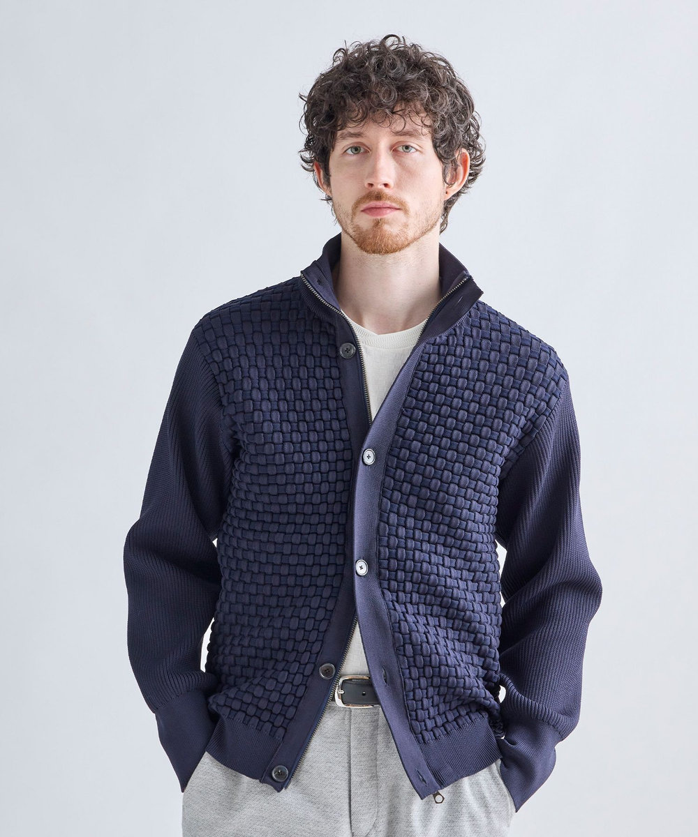 MEN'S BIGI Amossa ブロックチェック フロントジップカーディガン ネイビー