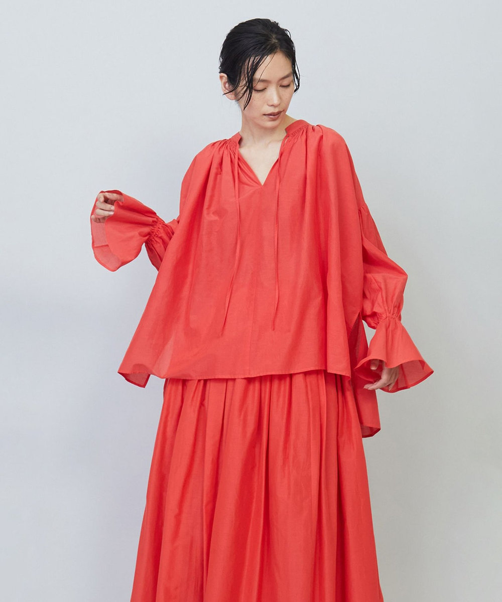 1er Arrondissement シルクコットンギャザーブラウス レッド
