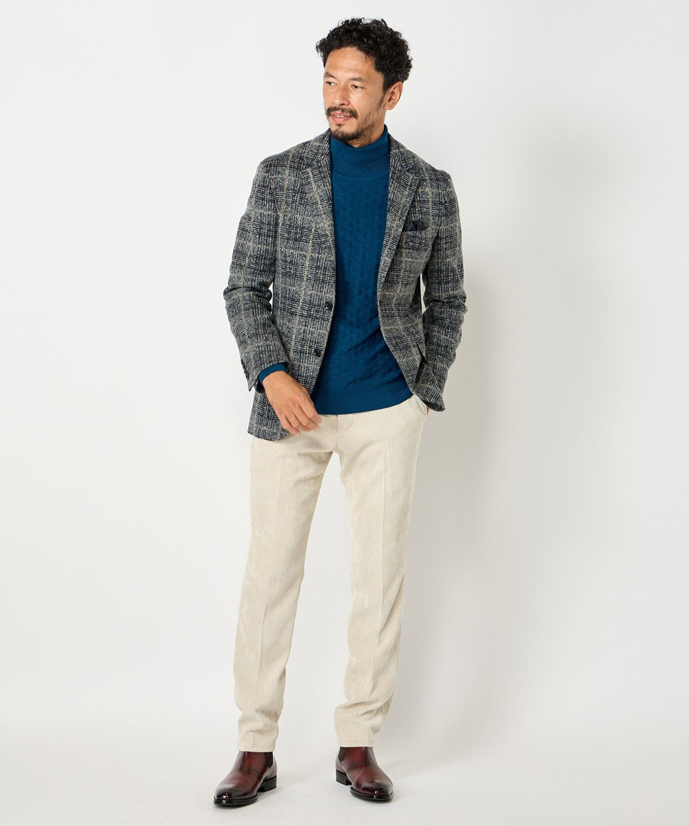 MEN'S BIGI ランダムヘリンボン編み12Gジャカードハイネックニット エメラルド