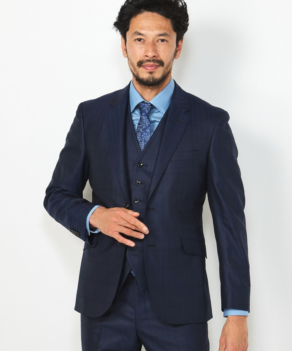 MEN'S BIGI ブライト ウインドーペーンスーツセットアップ＜同素材ベストあり＞ ネイビー