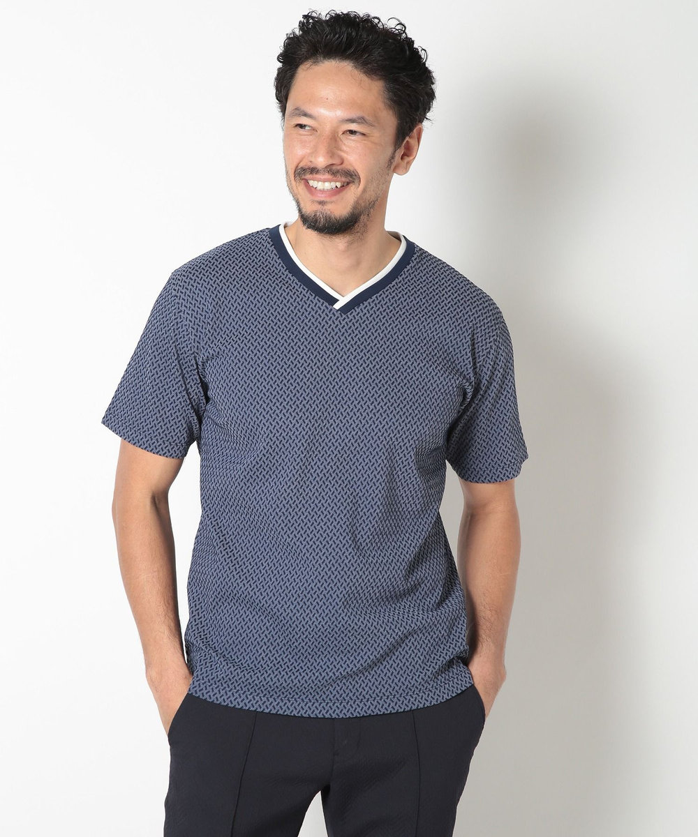 MEN'S BIGI 膨れジャカードVネックTシャツ ネイビー