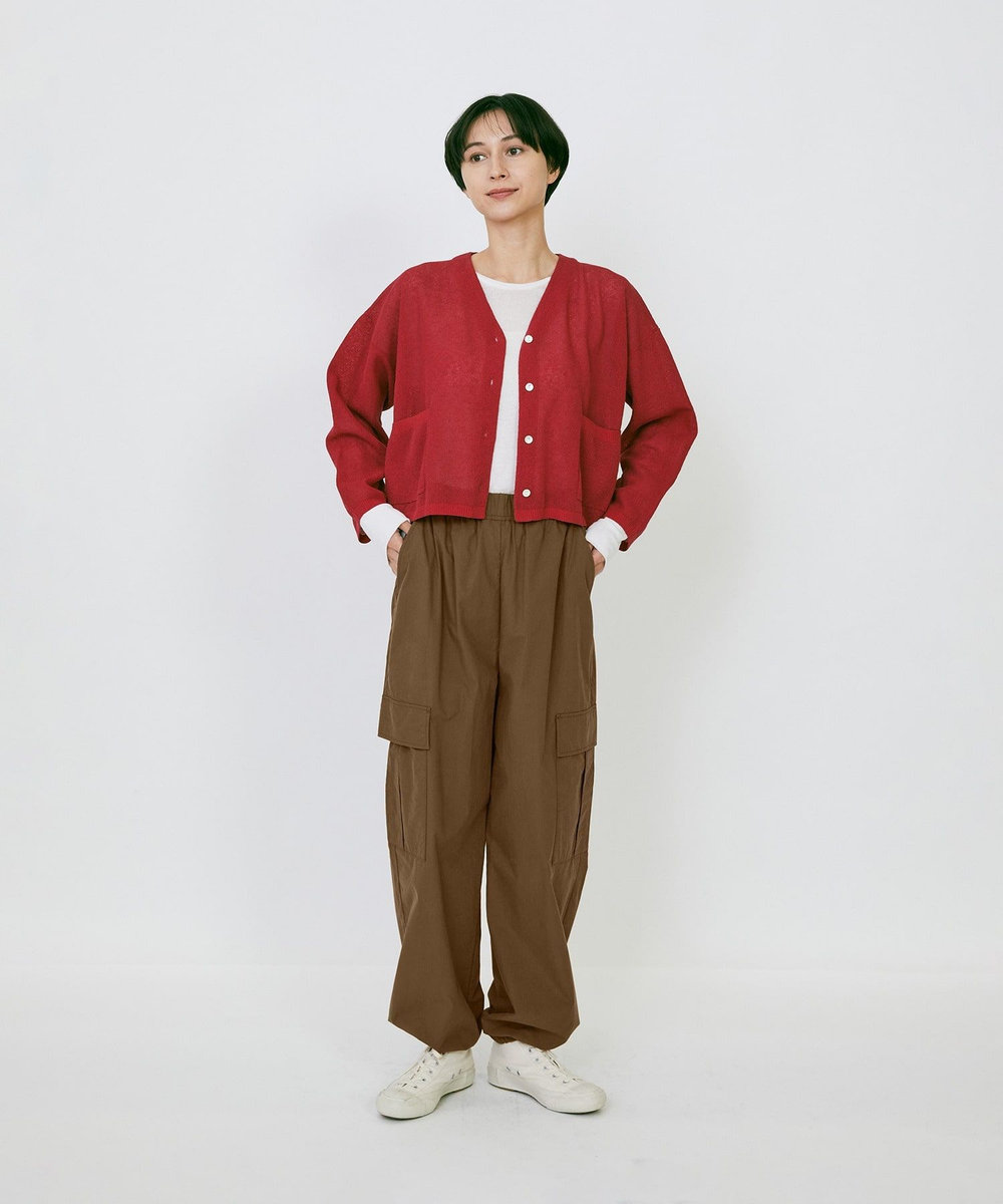 LOISIR エステルコットンリネンダブルジャカード編みショートカーディガン レッド