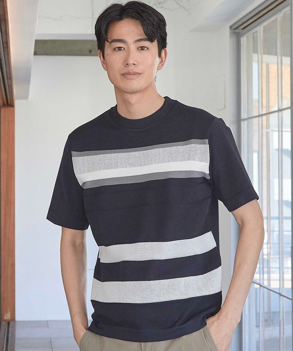 UNION STATION ニット切り替え ボーダー ポンチTシャツ ネイビー