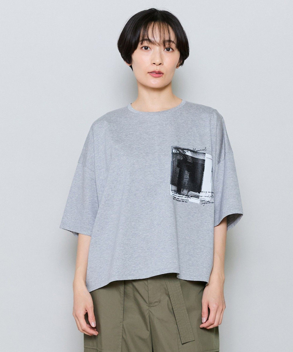 MOGA ハイゲージ天竺フォトプリントTシャツ トップグレー