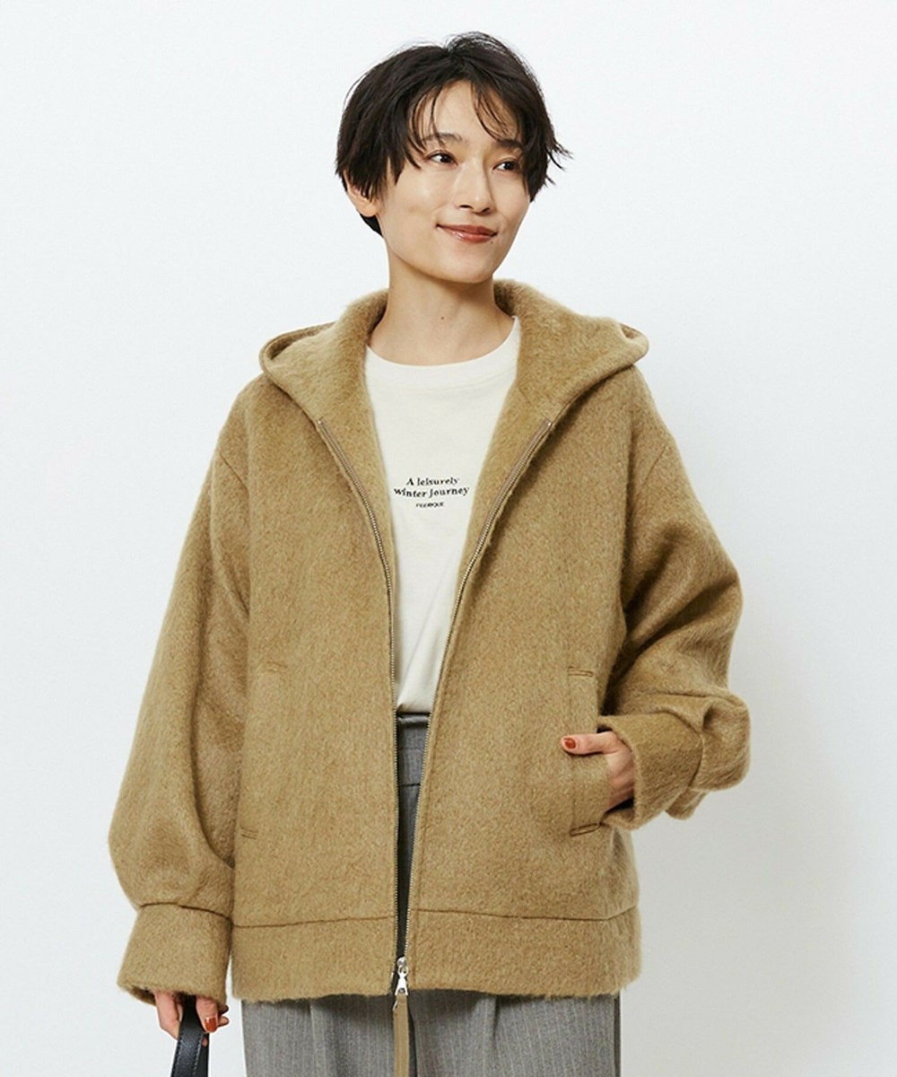 feerique Lサイズ（大きいサイズ） 【大きいサイズ】feerique モヘアシャギーフードブルゾン キャメル
