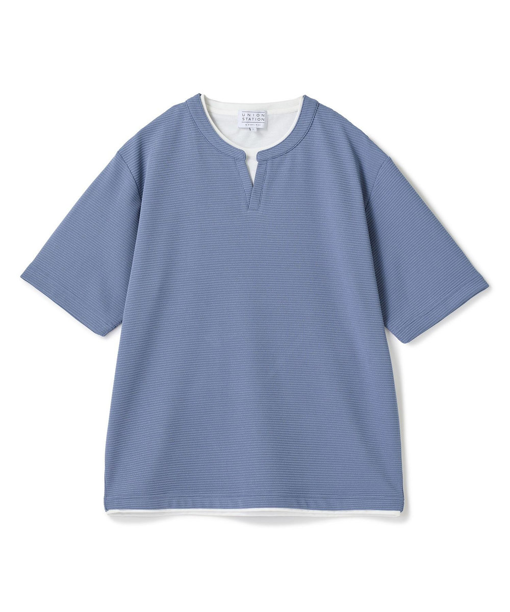 UNION STATION 	ミニワッフルキーネックレイヤードTシャツ ブルー