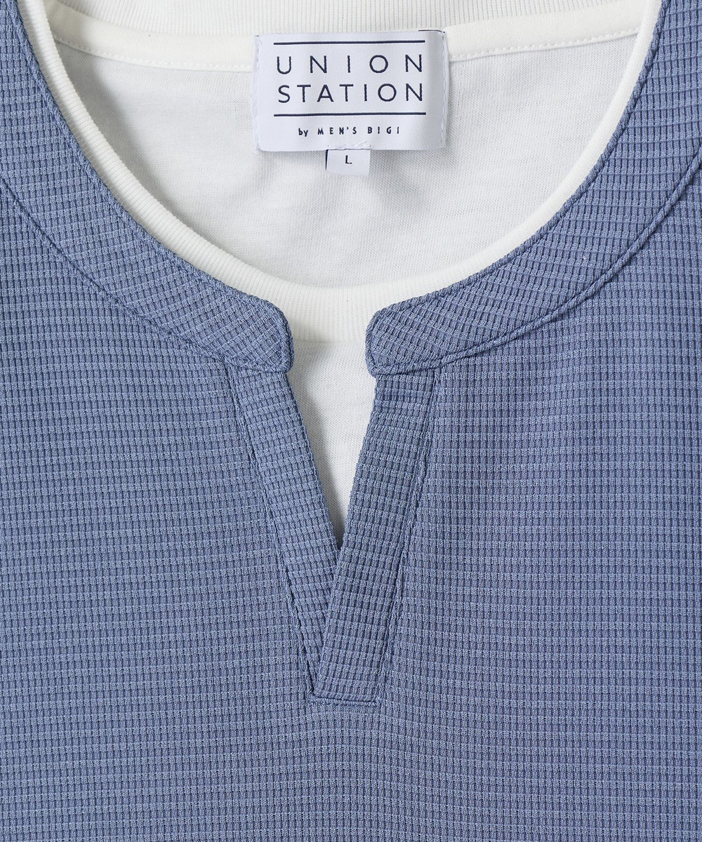 UNION STATION 	ミニワッフルキーネックレイヤードTシャツ ブルー