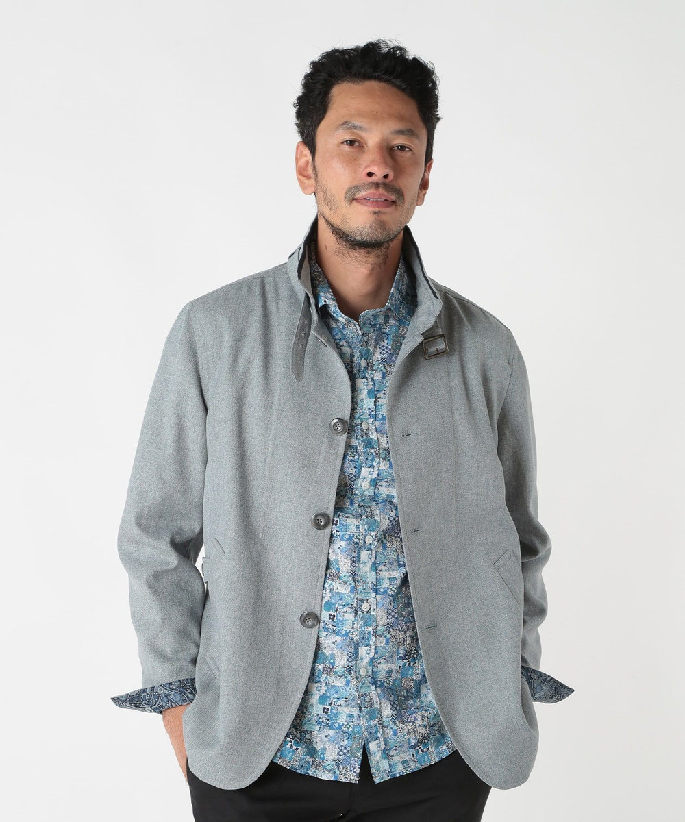 MEN'S BIGI リネンツイード調ポリエステルスタンドカラーブルゾン サックスブルー