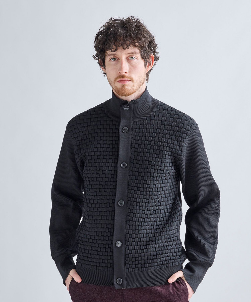 MEN'S BIGI Amossa ブロックチェック フロントジップカーディガン ブラック