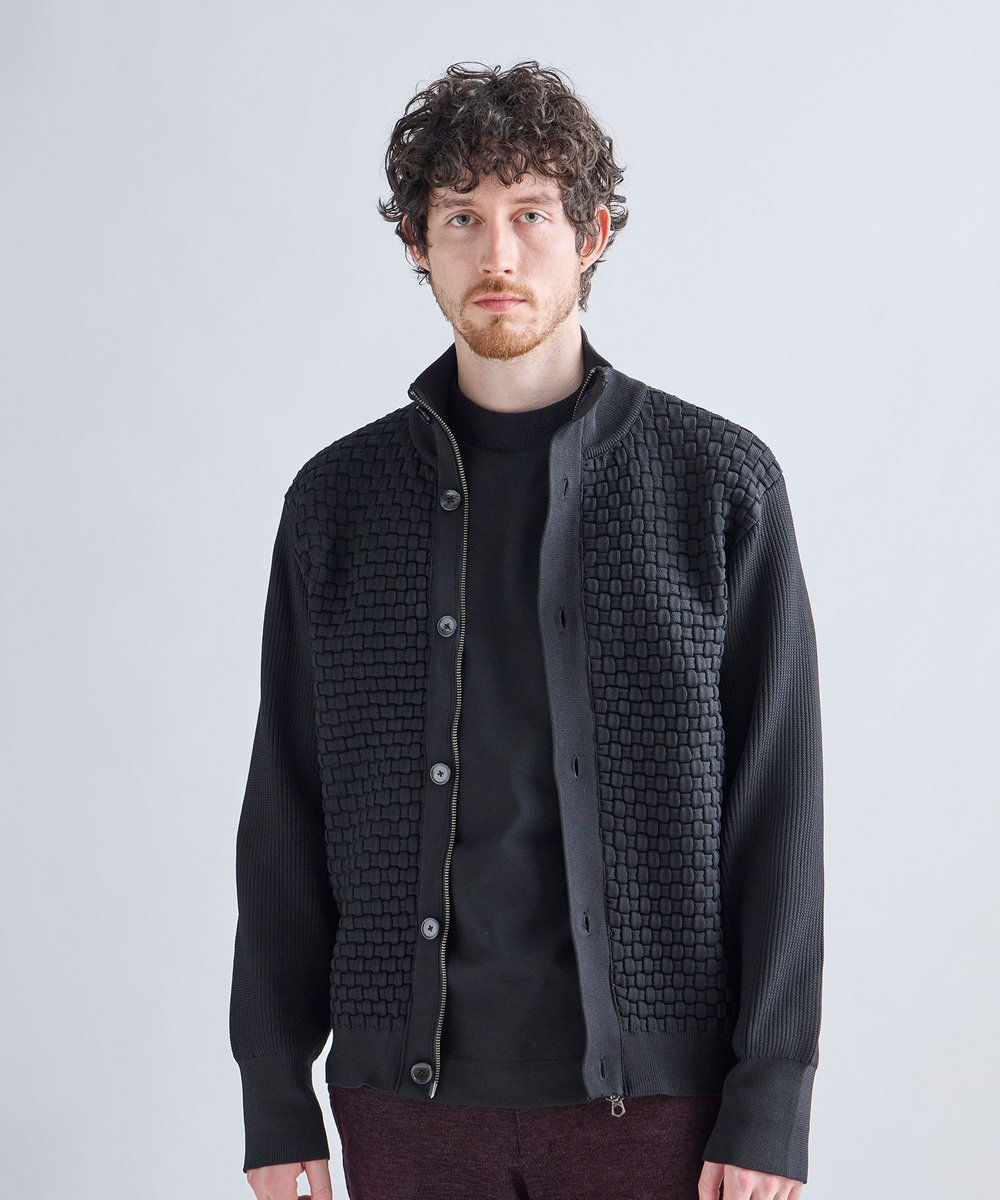 MEN'S BIGI Amossa ブロックチェック フロントジップカーディガン ブラック