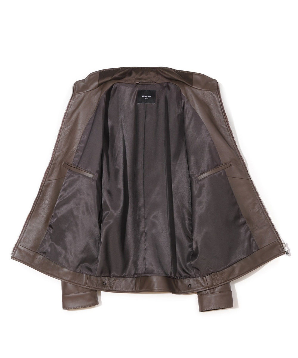 MEN'S BIGI スタンドカラーシングルライダース シープレザージャケット ブラウン