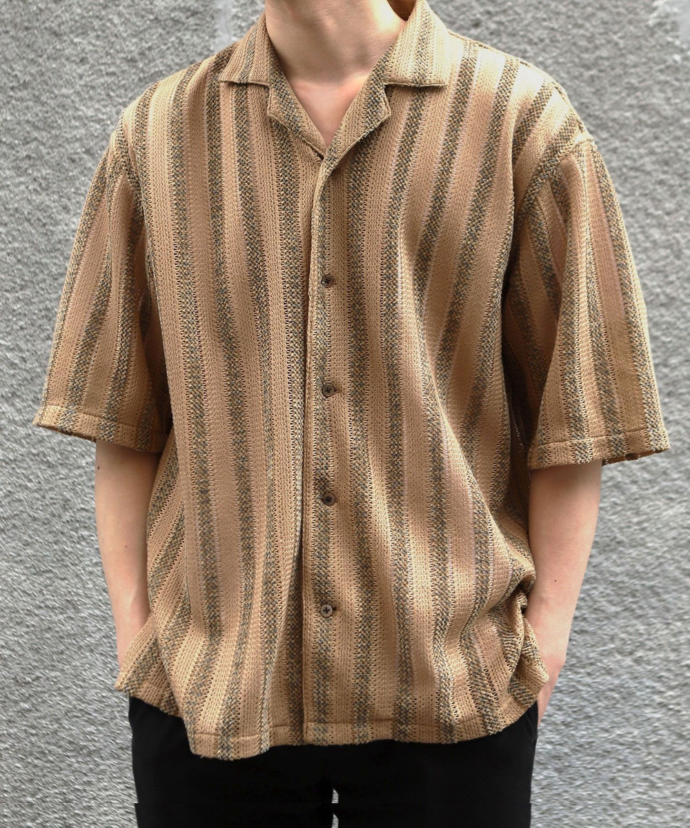 MEN'S BIGI ペイズリージャカード/透かし柄オープンカラー半袖シャツ ブラウン