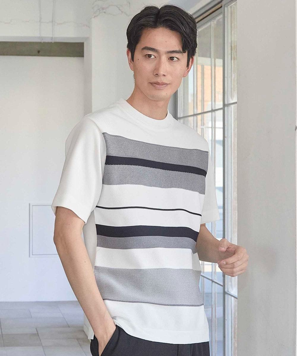 UNION STATION ニット切り替え ボーダー ポンチTシャツ ホワイト系その他