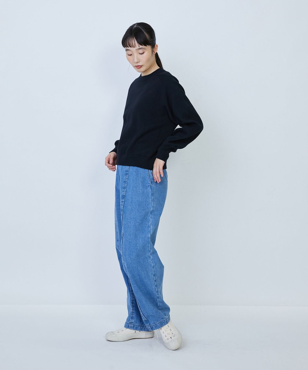LOISIR コットン接結編みニットプルオーバー ブラック