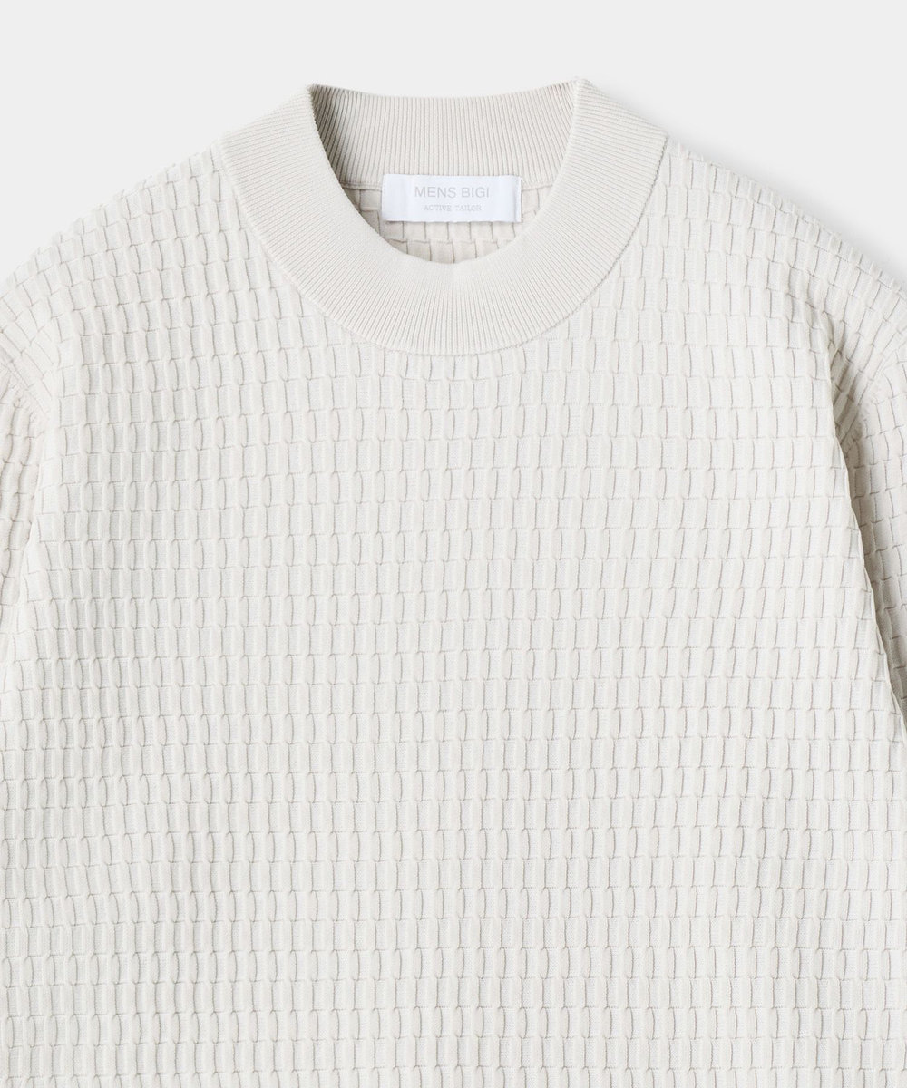 MEN'S BIGI ブリスタージャカード 変形ケーブルモックネックロングTEE オフホワイト