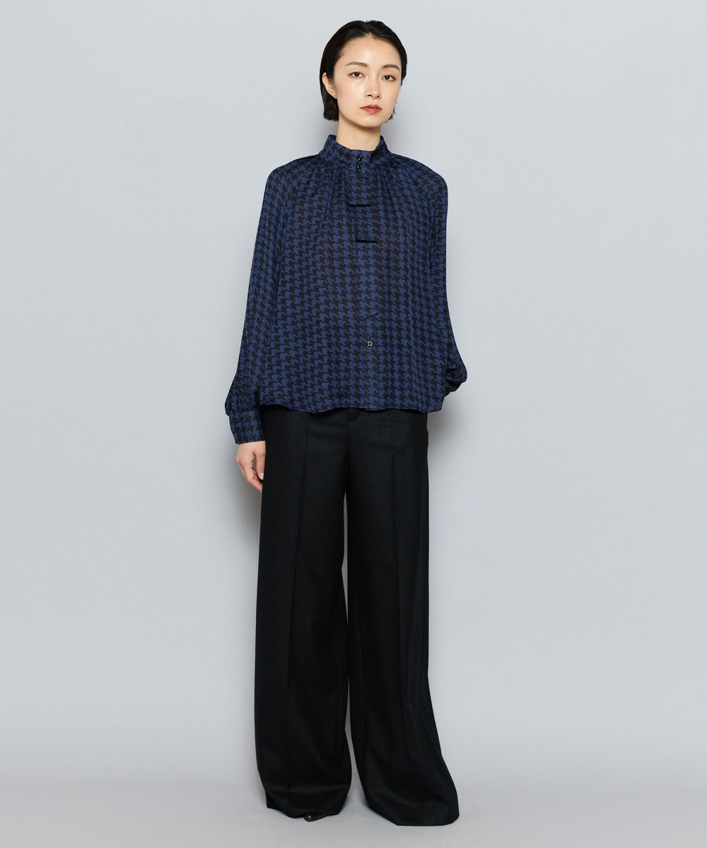 L'EQUIPE COUTURIER シルクジョーゼットハウンドトゥースPtブラウス ネイビー