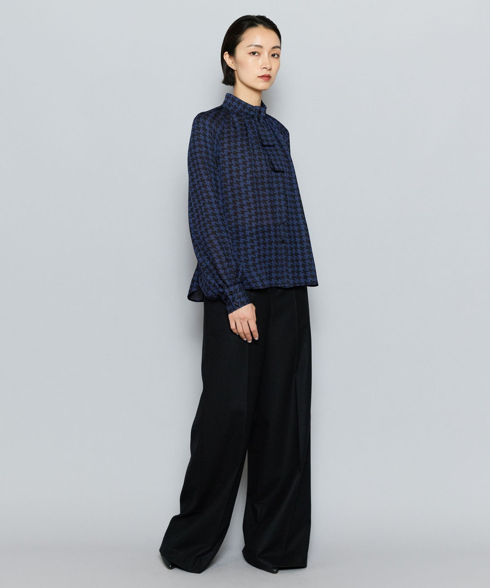 L'EQUIPE COUTURIER シルクジョーゼットハウンドトゥースPtブラウス ネイビー
