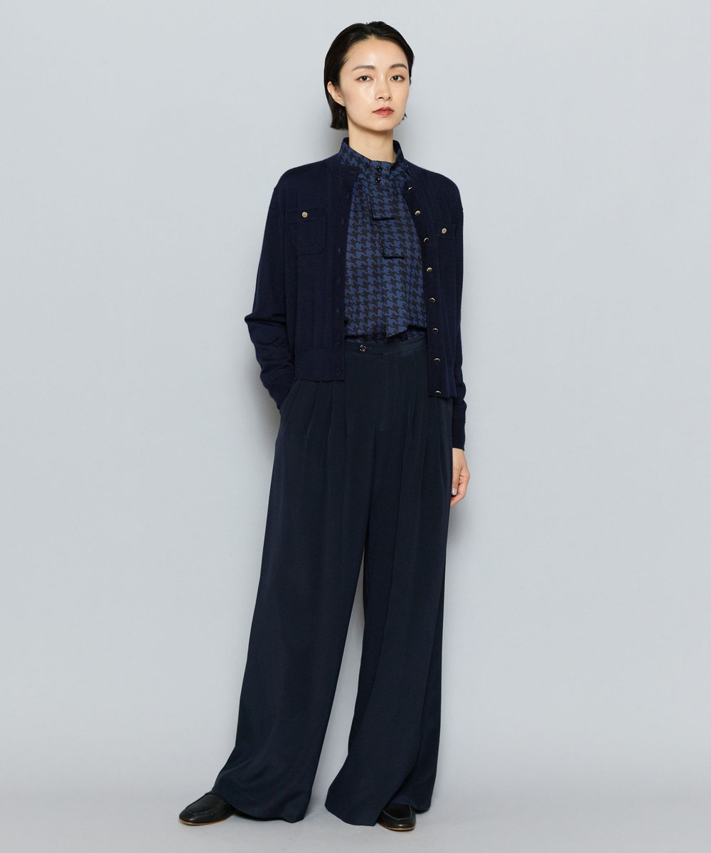 L'EQUIPE COUTURIER シルクジョーゼットハウンドトゥースPtブラウス ネイビー