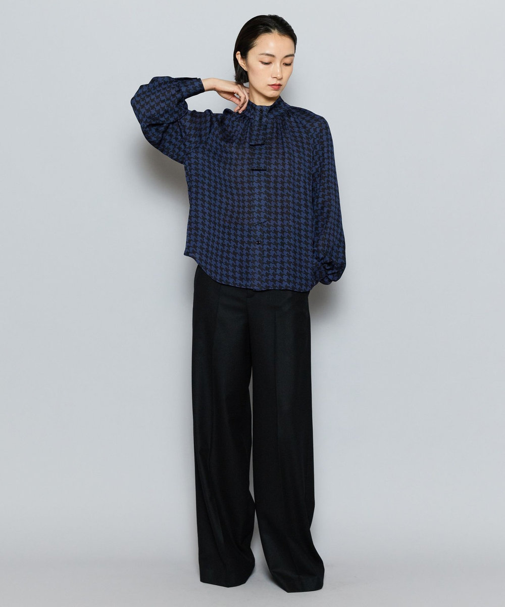 L'EQUIPE COUTURIER シルクジョーゼットハウンドトゥースPtブラウス ネイビー