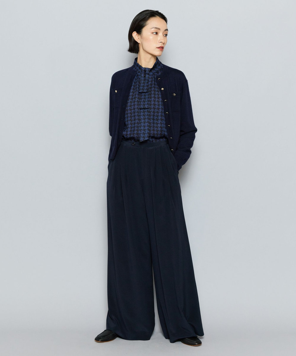 L'EQUIPE COUTURIER シルクジョーゼットハウンドトゥースPtブラウス ネイビー