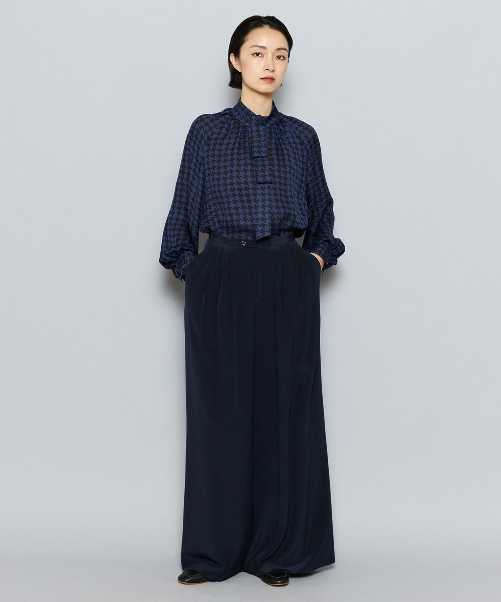L'EQUIPE COUTURIER シルクジョーゼットハウンドトゥースPtブラウス ネイビー