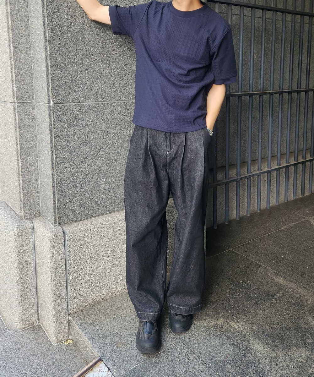 UNION STATION CVCリンクスジャガードグレンチェック柄T ネイビー