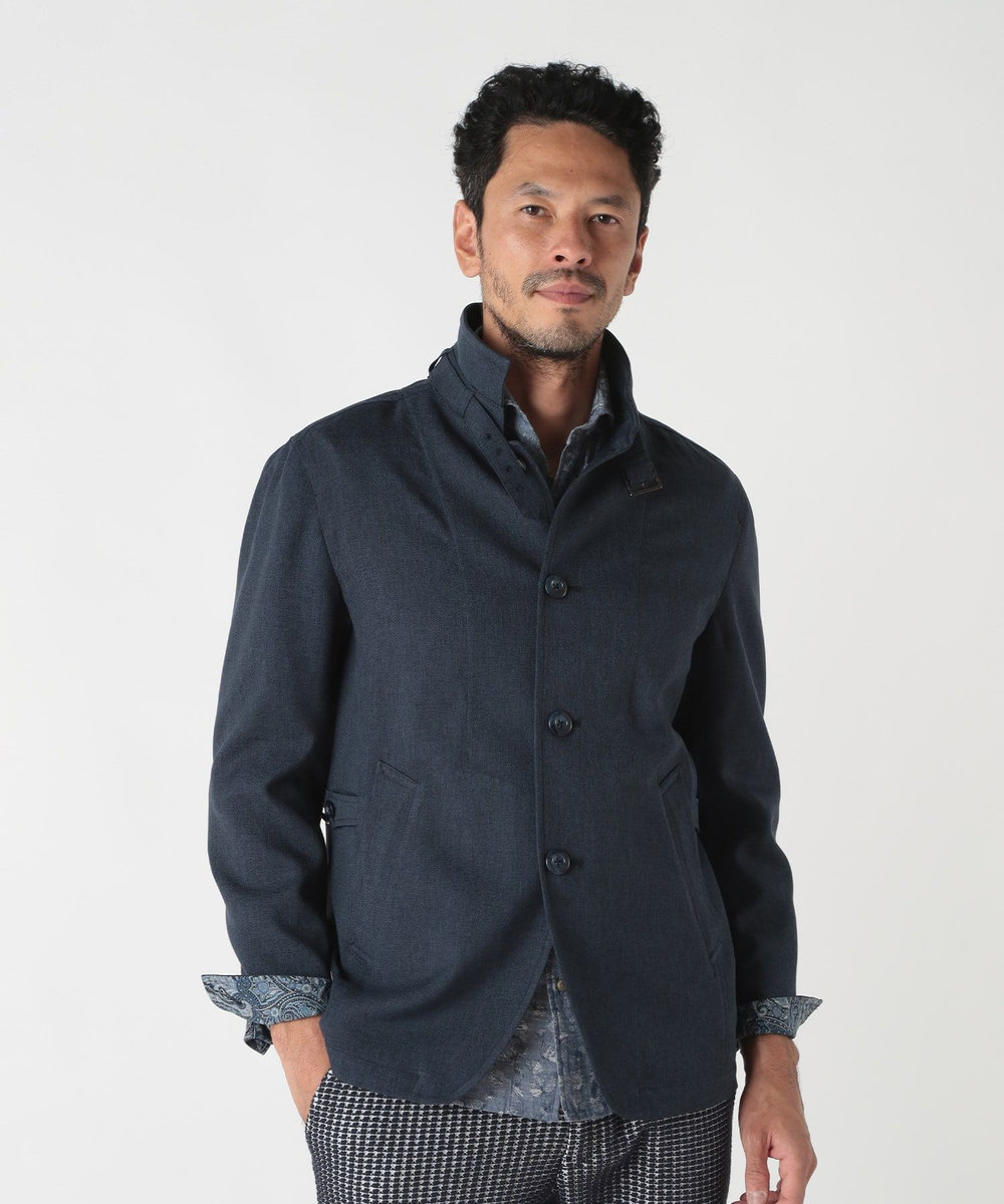 MEN'S BIGI リネンツイード調ポリエステルスタンドカラーブルゾン ネイビー