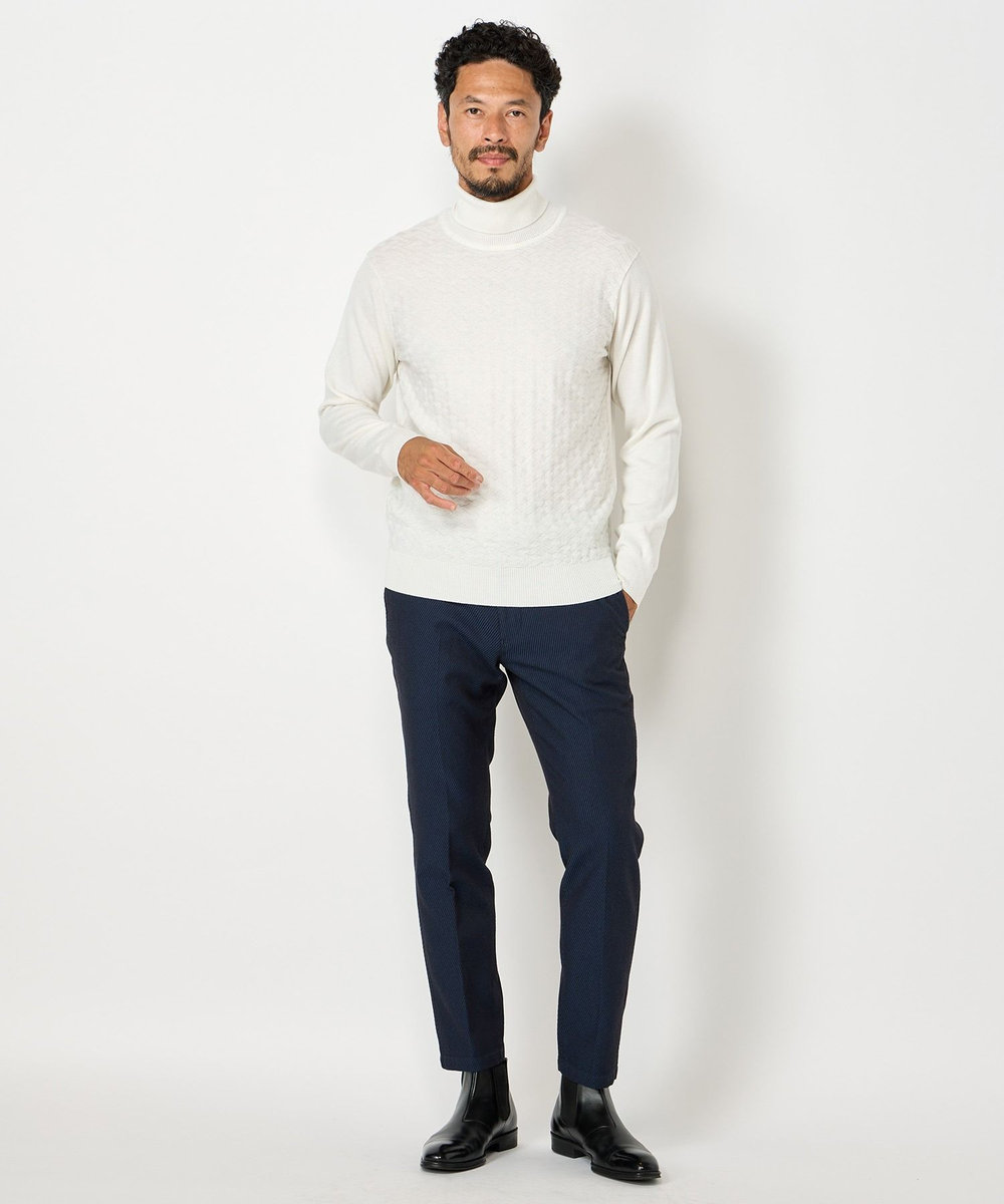 MEN'S BIGI ランダムヘリンボン編み12Gジャカードハイネックニット ホワイト