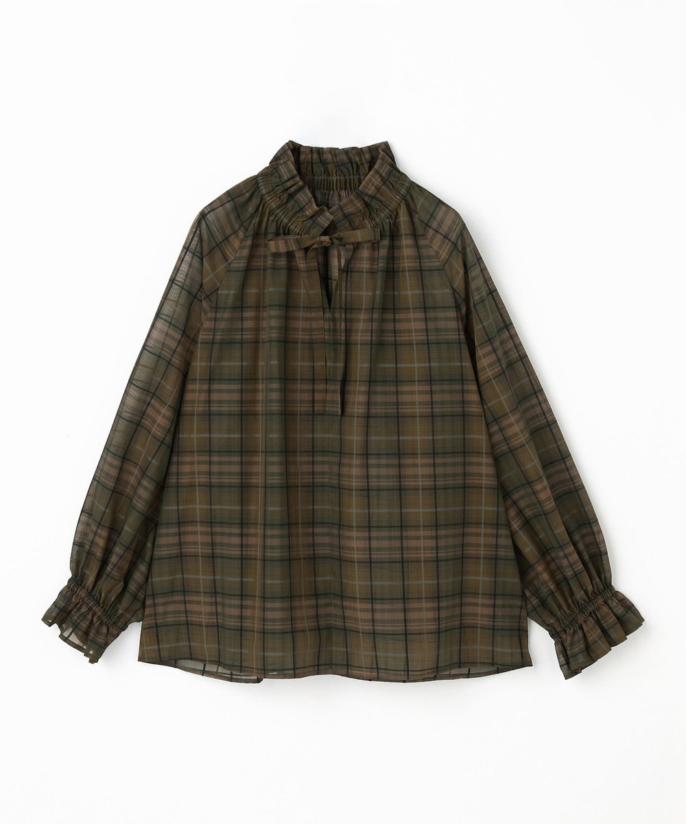 feerique feerique シアーチェックボウタイブラウス カーキ